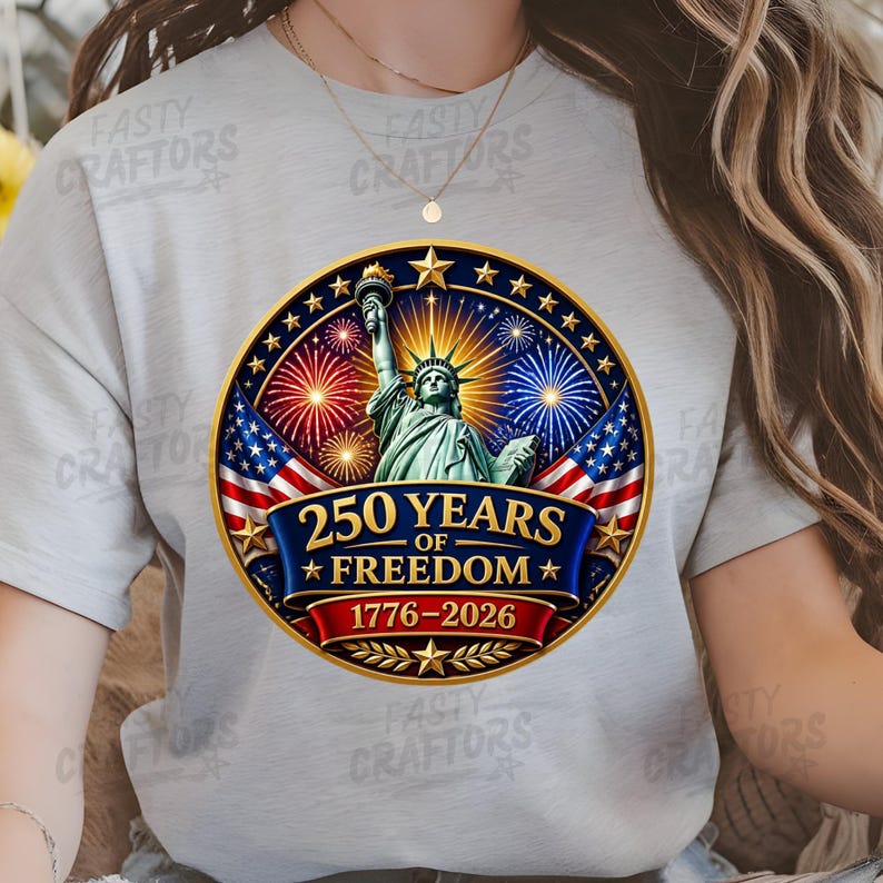 K&ouml;nnte beinhalten: Ein hellgraues T-Shirt mit einer kreisf&ouml;rmigen Grafik der Freiheitsstatue, Feuerwerk und amerikanischen Flaggen. Der Text lautet 250 YEARS OF FREEDOM 1776-2026. Das Design ist von einem goldenen Rand mit Sternen und Lorbeerbl&auml;ttern umgeben.