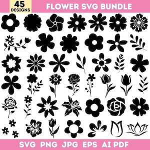 Puede incluir: Un conjunto de 45 diseños de flores negras en varios estilos, incluyendo margaritas, rosas y tulipanes. La imagen incluye el texto "FLOWER SVG BUNDLE" y opciones de tipo de archivo.