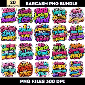Puede incluir: Un conjunto de 20 diseños PNG con frases sarcásticas como "Cero energía" y "No soy raro". Cada diseño presenta una tipografía audaz con gradientes de color vibrantes y elementos decorativos.