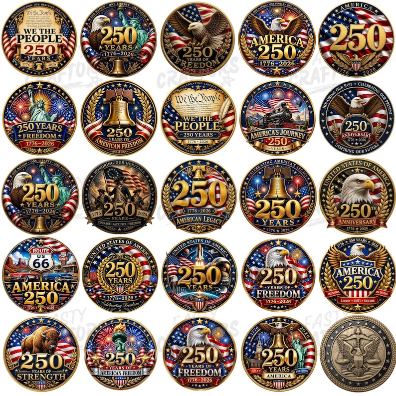 K&ouml;nnte beinhalten: Eine Sammlung von f&uuml;nfundzwanzig kreisf&ouml;rmigen Gedenkemblemen zur Feier des 250-j&auml;hrigen Jubil&auml;ums der Vereinigten Staaten von 1776 bis 2026. Jedes Design zeigt patriotische Motive wie Wei&szlig;kopfseeadler, die Liberty Bell, Flaggen und Text.