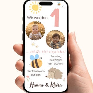 Digital invitation for a children's birthday party for twins, boy and girl, 1st birthday, bee and summer theme with photo, personalized invitation card for WhatsApp