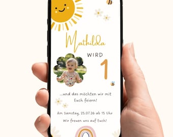 Digital invitation for a boy's or girl's birthday, e-card for a 1st birthday with a summer bee theme and photo, personalized invitation card for WhatsApp