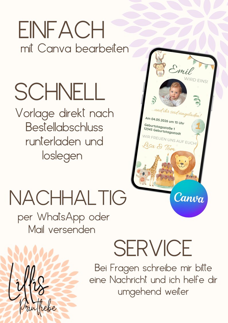 First Birthday Invitation Safari | Digital Children's Birthday Invitation Card | WhatsApp eCard Birthday Invitation for Baby Boys & Girls image 4