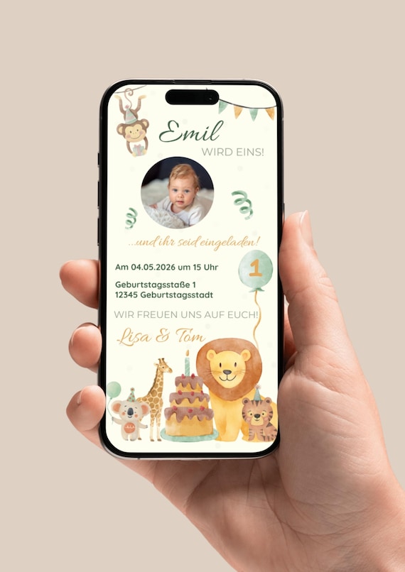 Erster Geburtstag Einladung Safari |  Digitale Kindergeburtstag Einladungskarte | WhatsApp eCard Geburtstagseinladung Baby Jungen & Mädchen