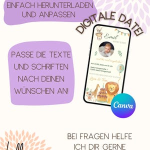 May include: A digital invitation design on a smartphone screen, featuring a baby's photo and party details. The design includes animal illustrations, text in German, and the Canva logo. Purple text boxes and floral accents surround the phone.