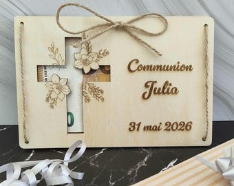 Coffret à billet communion en bois – Cadeau personnalisé enfant – Enveloppe porte billet – Prénom gravé