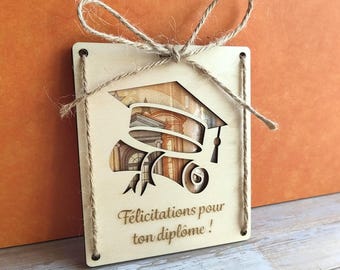 Cadeau diplôme original – Porte-billet en bois de Félicitations – Cadeau réussite examen – Cadeau bac, BTS, brevet ou diplôme