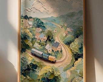 Lámina decorativa de pared con diseño de un encantador viaje en tren / Decoración del hogar inspirada en la naturaleza en verde y azul.
