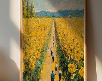 Lámina decorativa de pared con diseño de girasoles para el hogar / Paisaje en amarillo y azul brillante