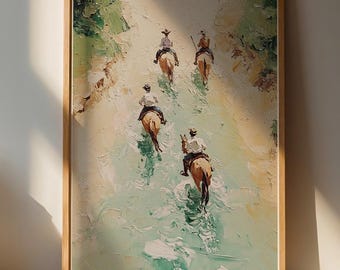 Lámina decorativa de pared con escena de un paseo a caballo sereno / Decoración colorida para el hogar / Estilo naturaleza y aventura
