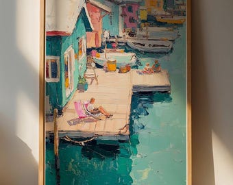Lámina decorativa mural con temática de una vibrante escapada costera: decoración colorida para el hogar que invita a la relajación.