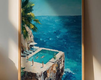 Lámina decorativa para pared con vista al océano junto a la piscina / Decoración tropical para el hogar / Serenidad azul y verde