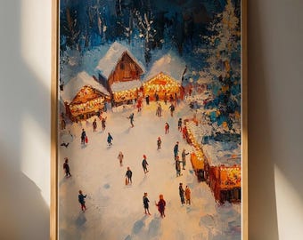 Lámina decorativa de un mágico paisaje invernal / Decoración acogedora para el hogar / Escena colorida de patinaje sobre hielo