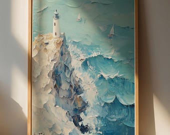 Lámina decorativa de faro sereno / Decoración costera para el hogar / Olas del océano en azul y blanco