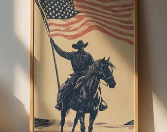 Lámina decorativa de pared con diseño de vaquero patriótico / Decoración vintage para el hogar con bandera estadounidense