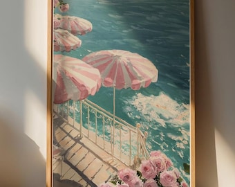 Charming Pink Umbrellas & Ocean Wall Art Print - Coastal Home Decor
