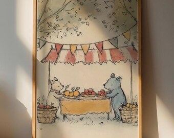 Charming Bear Market Wall Art Print - Whimsical Home Decor for Kids' Rooms