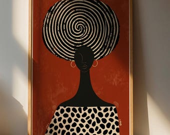 Retrato abstracto de mujer negra, cabello en espiral, arte bohemio terroso (descarga digital)