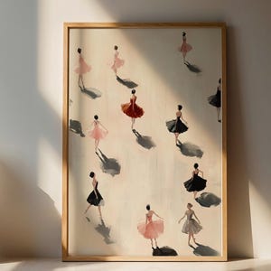 May include: A framed artwork featuring a pattern of ballerinas in various colors, including pink, red, and black, with long shadows. A classical bust and a window frame are also visible.