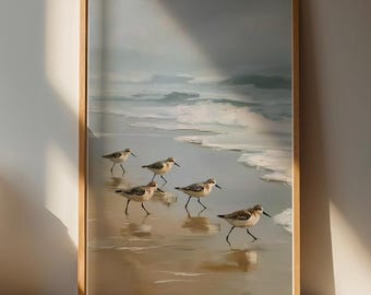 Serenidad costera: Aves playeras en la playa, pintura en pastel suave, descarga digital, arte mural imprimible.