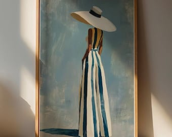 Stampa artistica di donna con cappello a tesa larga e abito a righe, stile impressionista moderno (download digitale)