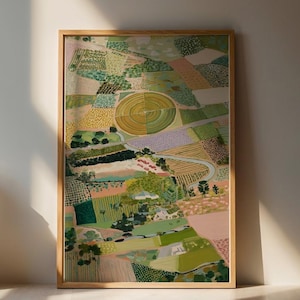 May include: A framed landscape painting with a light wood frame, depicting a colorful aerial view of fields and farmland. A classical bust sculpture sits to the left of the painting. The scene is illuminated by sunlight streaming through a window.