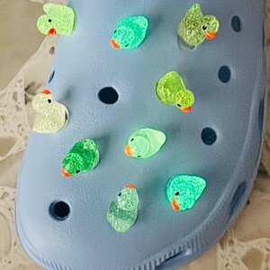 May include: A light blue clog shoe adorned with multiple green duck-shaped charms. The charms have orange beaks and black eyes. The shoe is made of a rubbery material and has several ventilation holes.