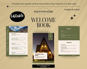 May include: A digital welcome book template for vacation homes. The design features a dark green and beige colour scheme with images of a mountain landscape and a cabin. Text includes "Welcome Book" and "Editable."