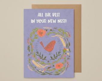 Cottagecore Bird New Home Card, Floral Wreath, Housewarming Gift