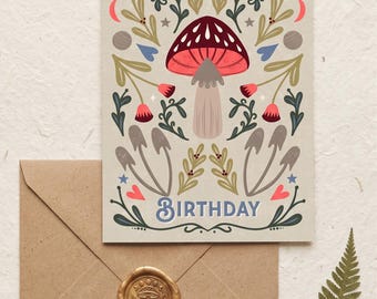 Folk Mushroom Birthday Card – Cottagecore Nature