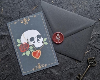 Gothic Romance Greeting Card – Skull & Rose Dark Fantasy Stationery