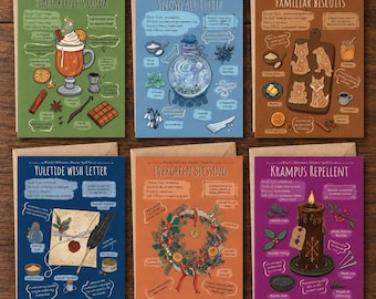 Witchy Christmas Cards, Whimsical Xmas Recipe Illustrations, Set of 6