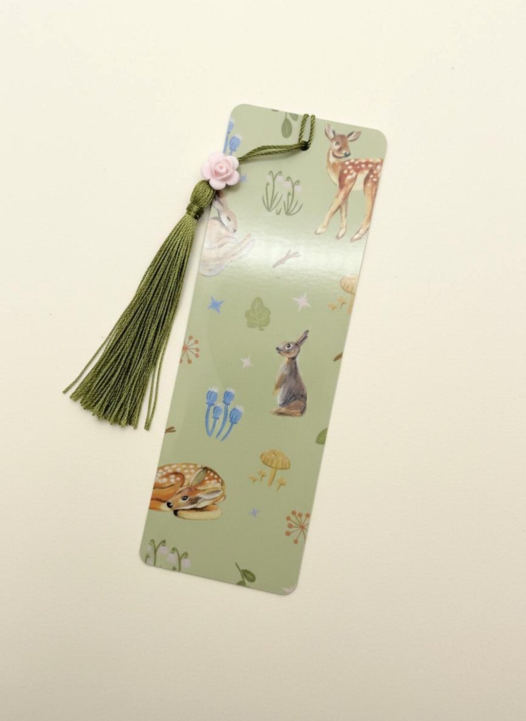 Woodland Bookmark – Deer & Rabbit, Laminated With Green Tassel - Etsy