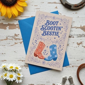 Cowgirl Birthday Card, Western Galantine&#39;s, Country Line Dance Friend Card &#39;Boot Scootin&#39; Bestie&#39;