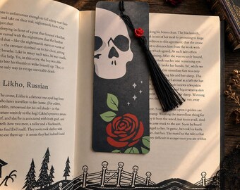 Gothic Romance Skull Bookmark | Double-Sided Illustrated Bookmark with Tassel & Rose Charm