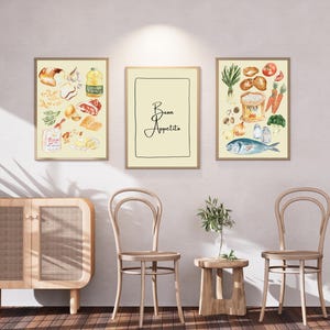 Könnte beinhalten: Drei gerahmte Aquarelldrucke mit Lebensmittelillustrationen und dem Text "Buon Appetito". Die Drucke zeigen verschiedene Zutaten wie Brot, Gemüse und Fisch. Die Rahmen sind hellbraun und der Hintergrund ist hellbeige.