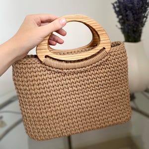 Bag with wooden handle Handmade Crochet – Boho Chic Knitted Handbag – Custom Color – Gift for Her