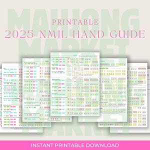 Op de afbeelding: Een verzameling afdrukbare Mahjong handgidsen voor 2025, met een lichtgroen en roze kleurenschema. De gidsen tonen verschillende handcombinaties en zijn gelabeld met de tekst "2025 NMJL Hand Guide". De onderkant van de afbeelding luidt "Instant Printable Download".