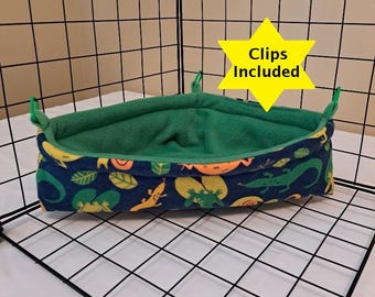 Reptile Corner Fleece Hammock Bed, 3 Layer Cozy Hedgehog Toy Box, Pet Hidey Cage Accessory, Clips Included, Machine Wash