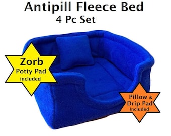 Fleece Cuddle Cup Bed, 4 Piece Set - Square Bed-Potty Pad-Pillow-Drip Pad, Guinea Pig Bed, Pet Cage Accessory, Machine Wash