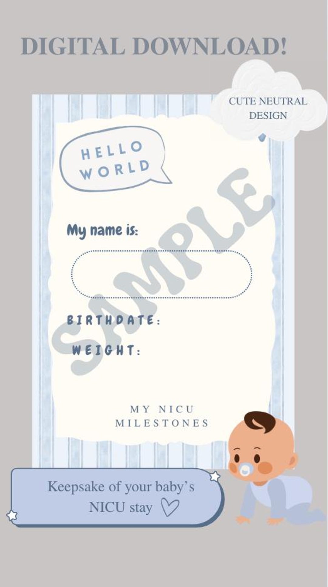 Printable NICU Milestone Cards | 29-page Digital Download | Blue ...