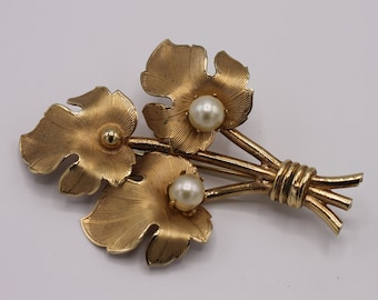 Gold Plated Floral Brooch with Freshwater Pearls