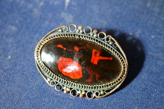 Antique Lacquered Brooch with Costumed Dancers - image 1