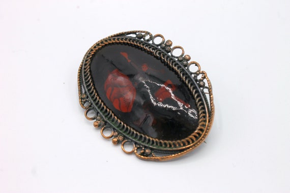 Antique Lacquered Brooch with Costumed Dancers - image 4