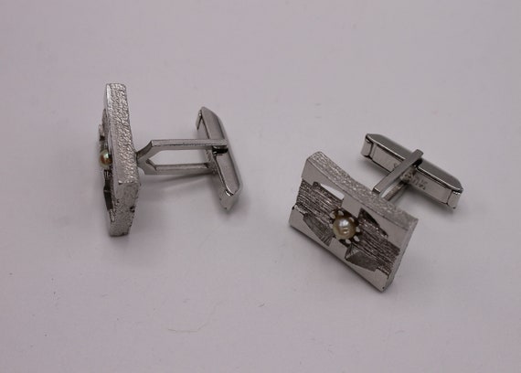 Vintage Rectangular Cuff Links with Small Pearl a… - image 3