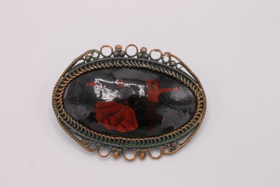 Antique Lacquered Brooch with Costumed Dancers - image 2