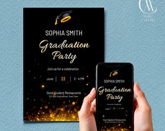 Invitación a fiesta de graduación – Plantilla editable – Diseño dorado y negro – Corjl – GOLDEN PARTY