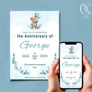Invitación editable (plantillas de bautizo y aniversario incluidas) - Diseño de acuarela elegante y bonito - Corjl - HAPPY BEAR