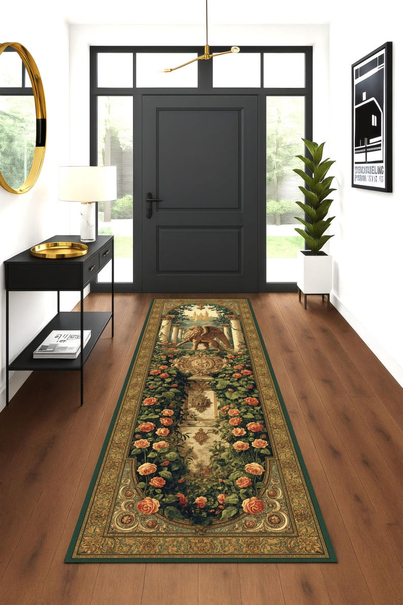 Royal Griffin Garden Runner Rug, Mythical Fantasy Rug, Baroque Tapestry ...