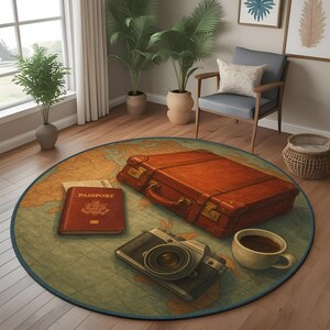 Tapis Wanderlust : tapis de voyage rond avec passeport, valise, appareil photo et café sur la carte du monde, décoration de sol confortable pour les explorateurs et les rêveurs